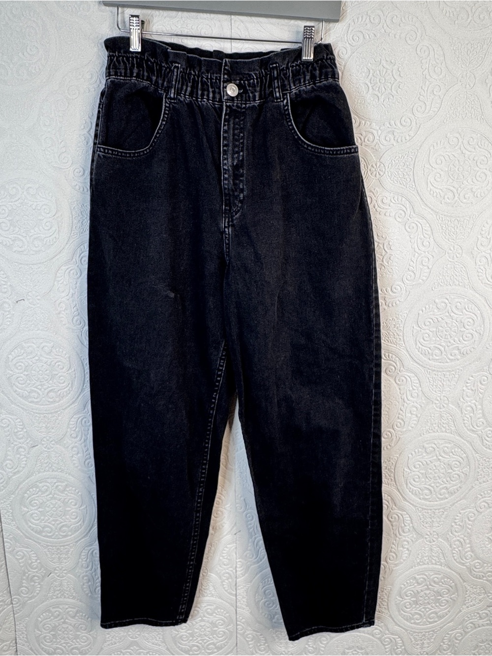 ZARA Women's High Ruched Waist Paperbag Black Denim Jeans Size Medium Grunge